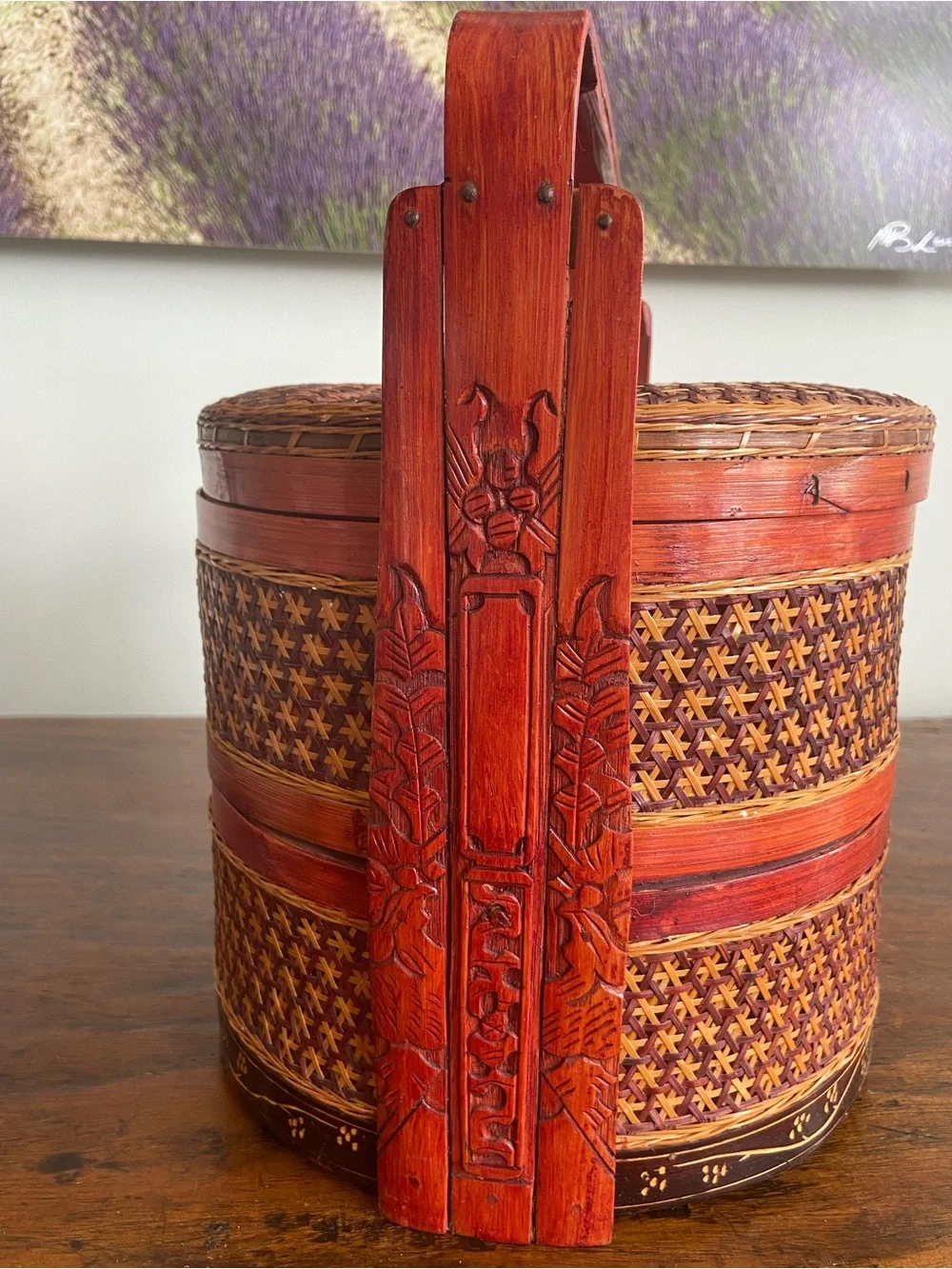 Handwoven Bamboo Stacking Basket with Handle - Red and Brown